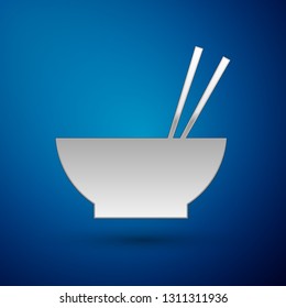 Silver Bowl with asian food and pair of chopsticks silhouette icon isolated on blue background. Concept of prepare, eastern diet. Vector Illustration