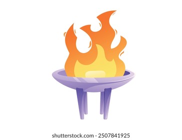 Silver bowl of the Olympic flame. Torch with burning flame. Vector isolated on white cartoon illustration of a bonfire.