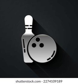 Silver Bowling pin and ball icon isolated on black background. Sport equipment. Long shadow style. Vector Illustration