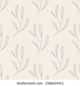 Silver branches with leaves on the beige background. Floral seamless pattern. Ornate template for design, textile, wallpaper, clothing, ceramics. Natural background.