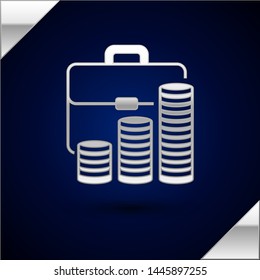 Silver Briefcase and coin icon isolated on dark blue background. Business case sign. Business portfolio.   Vector Illustration