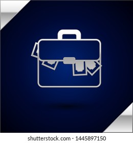 Silver Briefcase and money icon isolated on dark blue background. Business case sign. Business portfolio.   Vector Illustration