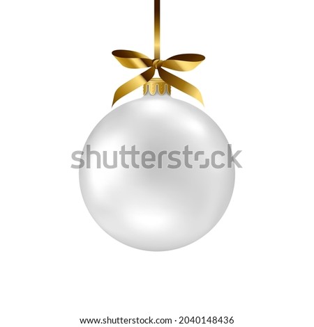 Silver bright ball isolated on white background. Vector illustration. Merry Christmas and Happy New Year 2022 sphere decoration hanging with gold ribbon bow. Holiday Xmas toy bauble for fir tree