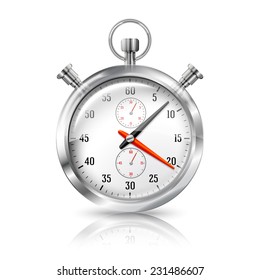 Silver bright stopwatch clock with reflection, isolated on white background. Vector