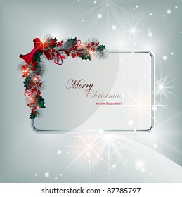 Silver brilliant vector christmas card with decorative elements of coniferous branches and berries