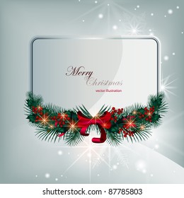 Silver brilliant vector christmas card with decorative elements of coniferous branches and berries