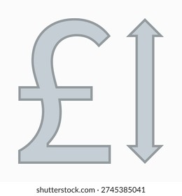 Silver British pound double arrow icon. A pointing GBP money outline symbol.