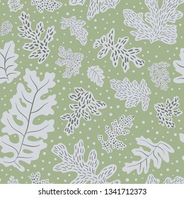 Silver brocade sage seamless illustrated pattern by www.danmaridesign.com. Nature inspired leafy art for fabrics, gift wrapping, stationery, kids, party and interior design. 