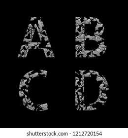 Silver broken A B C D letters, Old cracked letters. Vector illustration