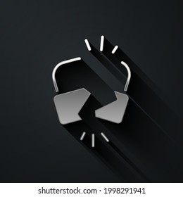 Silver Broken or cracked lock icon isolated on black background. Unlock sign. Long shadow style. Vector Illustration