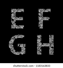 Silver broken E F G H letters, Old cracked letters. Vector illustration