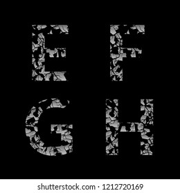 Silver broken E F G H letters, Old cracked letters. Vector illustration