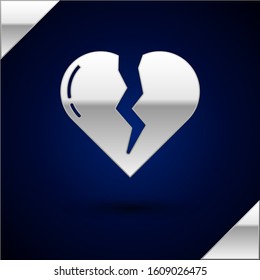Silver Broken heart or divorce icon isolated on dark blue background. Love symbol. Valentines day.  Vector Illustration