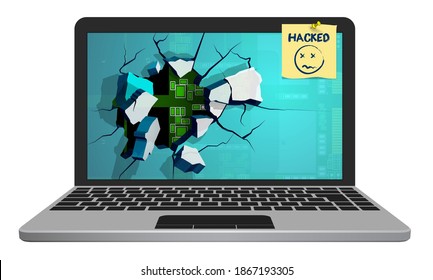 Silver Broken Laptop Hacked By Hacker With Screen Flying Into Fragments. Computer Security, Reliability Of Data Storage In Network. Installation Of Security Programs. Vector