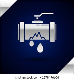Silver Broken metal pipe with leaking water icon isolated on dark blue background.  Vector Illustration