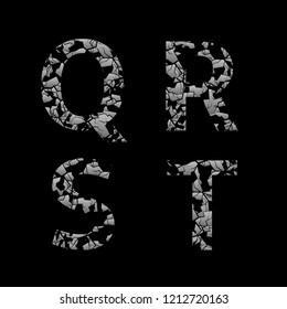 Silver broken Q R S T letters, Old cracked letters. Vector illustration