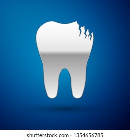 Silver Broken tooth icon isolated on blue background. Dental problem icon. Dental care symbol. Vector Illustration