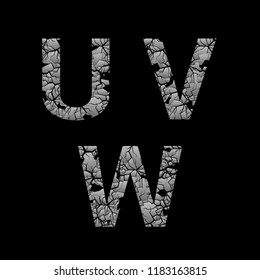 Silver broken U V W letters, Old cracked letters. Vector illustration