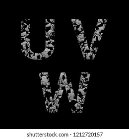 Silver broken U V W letters, Old cracked letters. Vector illustration