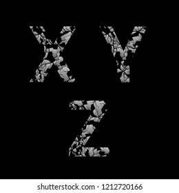 Silver broken X Y Z letters, Old cracked letters. Vector illustration