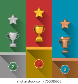 Silver and Bronze cups podium with trophy vector Flat Trophy