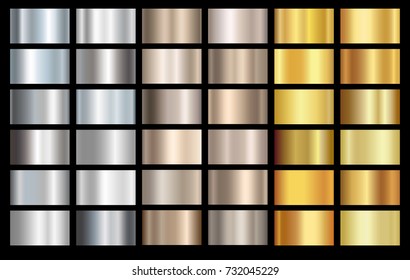 Silver, bronze and gold foil texture background set. Vector golden elegant, shiny and metal gradient collection for silver border, frame, ribbon, label design.