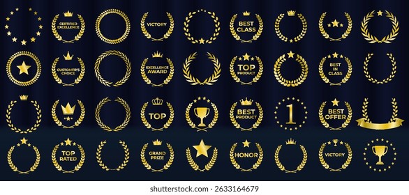 Silver, bronze, gold medals highlight award ceremony graphics. Laurel wreath emblem adds prestige to best player trophies. Victory icon enhances certificate, invitation, or award poster. Elegant prize