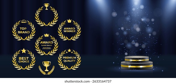 Silver, bronze, gold medals highlight award ceremony graphics. Laurel wreath emblem adds prestige to best player trophies. Victory icon enhances certificate, invitation, or award poster. Elegant prize