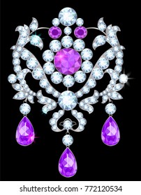 silver brooch with diamonds and amethysts on a black background