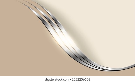 Silver brown abstract business background with shiny metal waves, 3d vector illustration.
