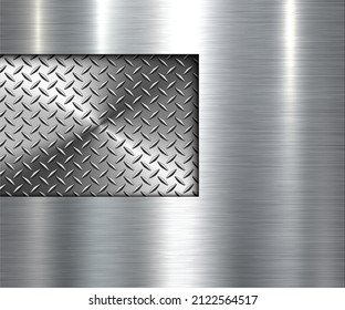 Silver brushed metal texture with diamond metallic pattern, lustrous and shiny polished steel plate vector illustration.