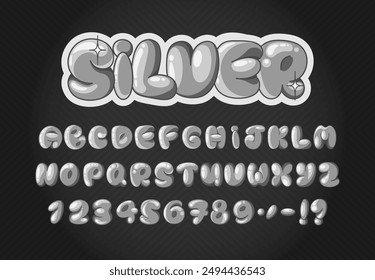 Silver Bubble Alphabet. Silver plump font with uppercase letters, numbers and punctuation. Glossy, metallic 3D effect letters. Ideal for modern design projects, luxury logos and typography. Vector.