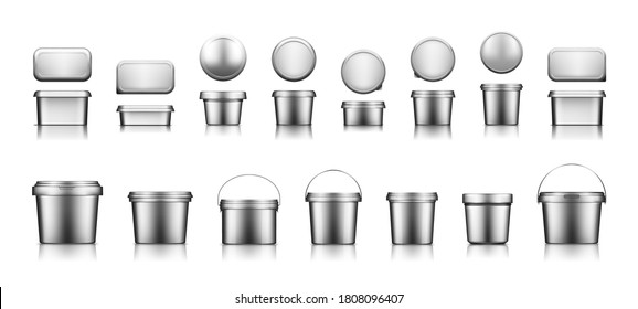 Silver bucket mockups for ice cream, yogurt, cheese, mayonnaise, butter or paint. Blank plastic food package container. Product template for branding or presentation. 3d realistic vector illustration