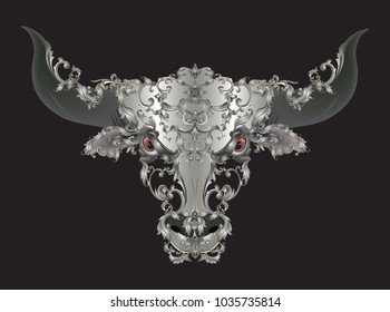 Silver bull head. With vintage Victorian metal.elements on black background, vector, illustration 