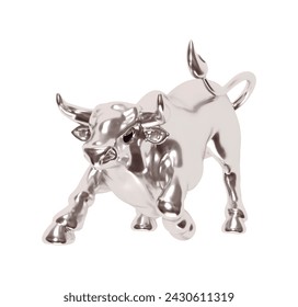 Silver Bull realistischer 3D-Cartoon-Stil. Silber Metallic Bull isoliert auf weißem Hintergrund. Vektorgrafik