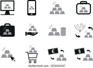 Silver bullion investment dealer vector icon set - buy online or mobile, hand delivery, coins and bars, jewellery to bullion, cash to bullion, silver investment portfolio. Simple silver web icons.