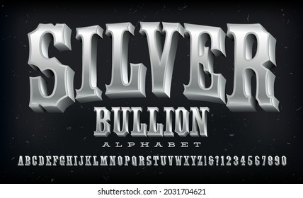 Silver Bullion western style alphabet. A condensed ornate font with a 3d shiny silver metallic effect.