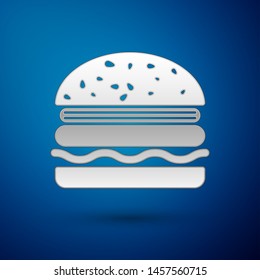 Silver Burger icon isolated on blue background. Hamburger icon. Cheeseburger sandwich sign. Vector Illustration