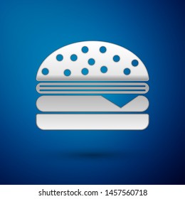 Silver Burger icon isolated on blue background. Hamburger icon. Cheeseburger sandwich sign. Vector Illustration