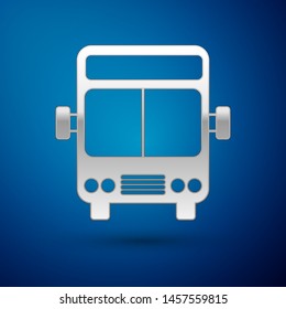Silver Bus icon isolated on blue background. Transportation concept. Bus tour transport sign. Tourism or public vehicle symbol.  Vector Illustration
