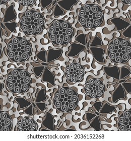 Silver butterflies and silver abstract pattern on a brown background. Seamless pattern, vector.