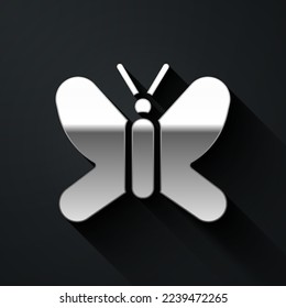 Silver Butterfly icon isolated on black background. Long shadow style. Vector