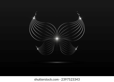 Silver butterfly linear wavy abstract on a black background. Angel wings. Vector graphics.