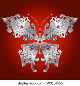 Silver butterfly with red precious stones on a burgundy background