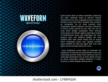 Silver button with blue sound wave sign for poster or booklet
