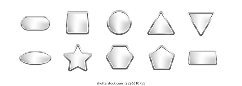 Botones plateados de diferentes formas geométricas con marcos y brillo de la ilustración vectorial de efecto de luz. Rectángulo rovalado cuadrado triángulo estrella hexagonal pentágono aislado sobre fondo blanco.