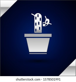 Silver Cactus and succulent in pot icon isolated on dark blue background. Plant growing in a pot. Potted plant sign.  Vector Illustration