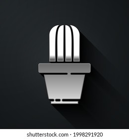 Silver Cactus and succulent in pot icon isolated on black background. Plant growing in a pot. Potted plant sign. Long shadow style. Vector Illustration