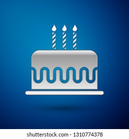Silver Cake with burning candles icon isolated on blue background. Happy Birthday. Vector Illustration