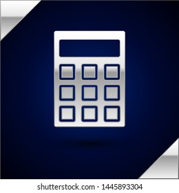 Silver Calculator icon isolated on dark blue background. Accounting symbol. Business calculations mathematics education and finance.  Vector Illustration